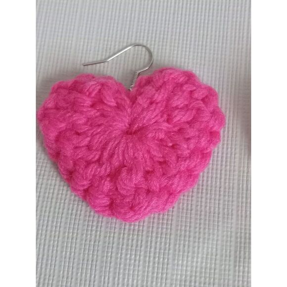 Bright Pink Heart Shaped Lightweight Crochet Dangle Style Handmade Earrings - Picture 3 of 7
